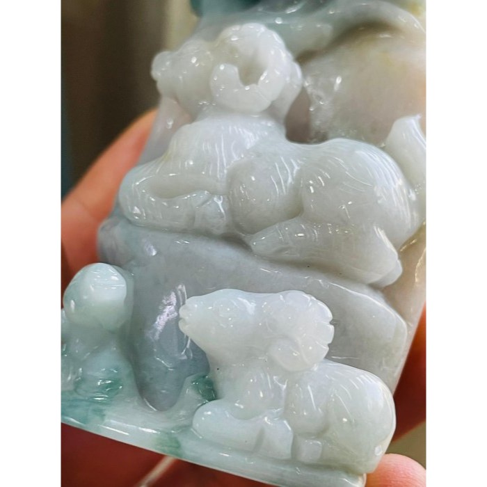 天然A貨緬甸玉 老坑三彩手工俏雕三陽開泰翡翠擺件 藍水橘紅白膠肉 枝葉茂盛老藍 全立體山羊-細節圖7