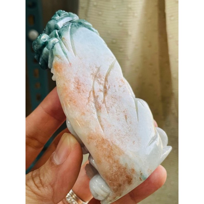 天然A貨緬甸玉 老坑三彩手工俏雕三陽開泰翡翠擺件 藍水橘紅白膠肉 枝葉茂盛老藍 全立體山羊-細節圖8