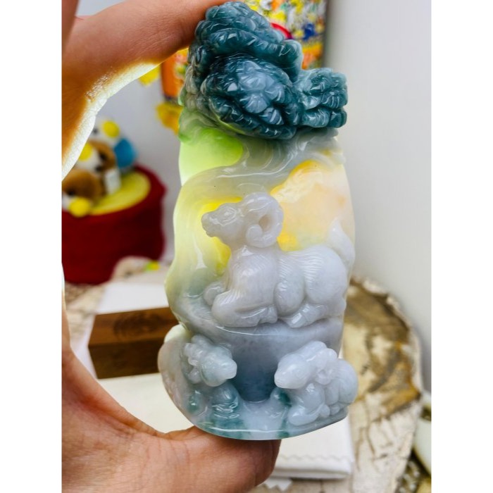 天然A貨緬甸玉 老坑三彩手工俏雕三陽開泰翡翠擺件 藍水橘紅白膠肉 枝葉茂盛老藍 全立體山羊-細節圖9