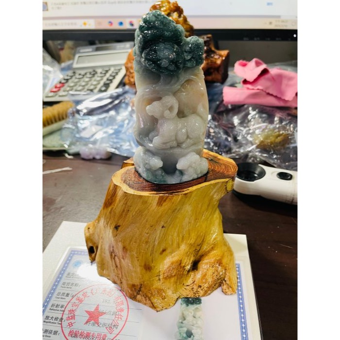 天然A貨緬甸玉 老坑三彩手工俏雕三陽開泰翡翠擺件 藍水橘紅白膠肉 枝葉茂盛老藍 全立體山羊-細節圖10