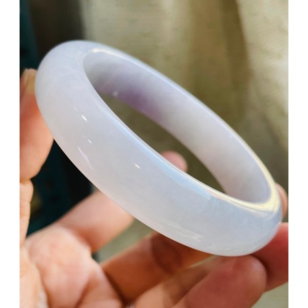 天然A貨緬甸玉 冰潤櫻花紫厚條翡翠平安鐲58.5 19圍 透光乾淨白底帶抹粉紫 漂亮寬版正圈手鐲-細節圖3