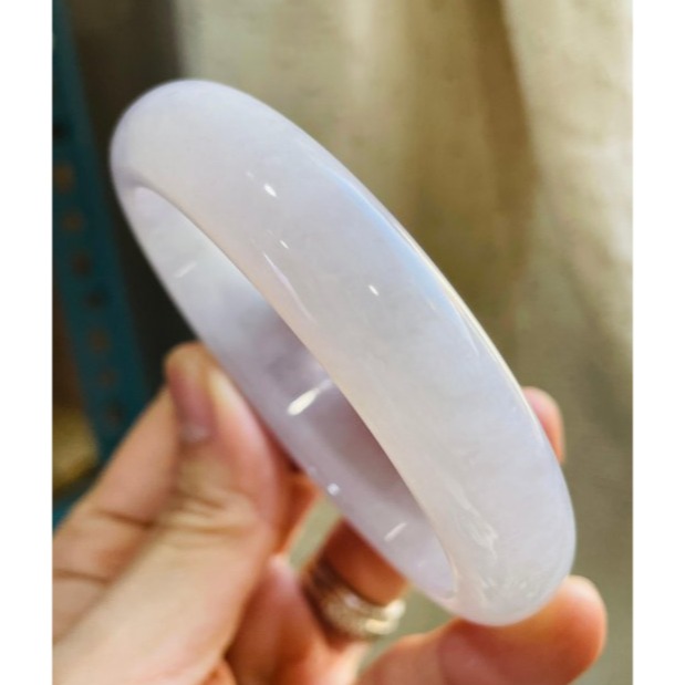 天然A貨緬甸玉 冰潤櫻花紫厚條翡翠平安鐲58.5 19圍 透光乾淨白底帶抹粉紫 漂亮寬版正圈手鐲-細節圖4