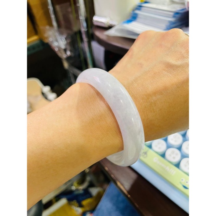天然A貨緬甸玉 冰潤櫻花紫厚條翡翠平安鐲58.5 19圍 透光乾淨白底帶抹粉紫 漂亮寬版正圈手鐲-細節圖10