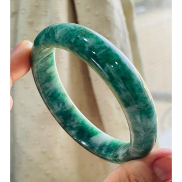 天然A貨緬甸玉 老坑花青正圈翡翠平安鐲58 19圍 起冰意境花紋 色正色滿 全透光老坑料 完整度99%-細節圖2