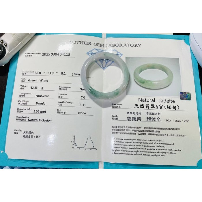 天然A貨緬甸玉 芙蓉種 膠潤綠飄花藏金翡翠平安鐲56.8 18.5圍  膠潤粉帶白底色 多多靈動碎綠花點綴 附台証-細節圖10