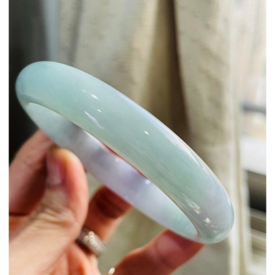 天然A貨緬甸玉 冰潤藍綠俏紫細條翡翠平安鐲60.6 19.8圍 冰藍綠為主色 幾抹粉紫 幾粒綠花 色滿不失色 完美98%-細節圖4