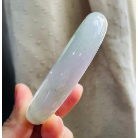 天然A貨緬甸玉 細潤白底青翡翠平安鐲59.8 19.5圍 細肉粉白帶微粉 透光綠花海苔花點綴 完美度95%-細節圖4