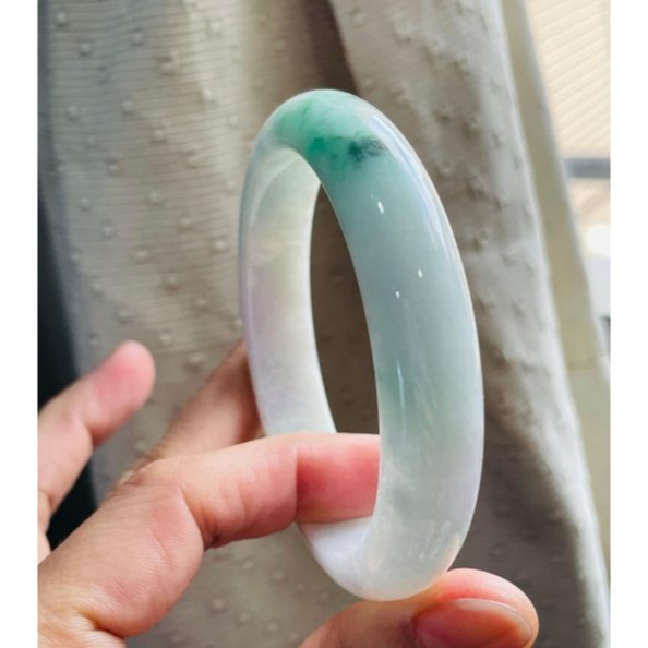 天然A貨緬甸玉 細潤白底青翡翠平安鐲59.8 19.5圍 細肉粉白帶微粉 透光綠花海苔花點綴 完美度95%-細節圖6
