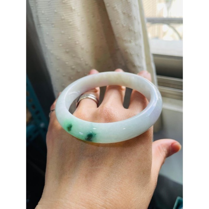 天然A貨緬甸玉 細潤白底青翡翠平安鐲59.8 19.5圍 細肉粉白帶微粉 透光綠花海苔花點綴 完美度95%-細節圖8