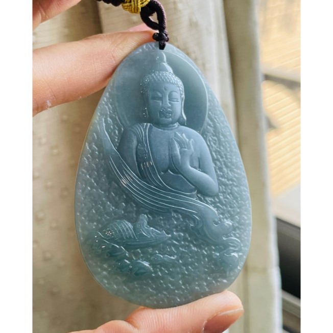天然A貨翡翠 老坑且末藍意境雕釋迦摩尼佛普渡眾生翡翠佛牌 危料 純色藍綠色滿勻稱 法像莊嚴 磨砂精工-細節圖2