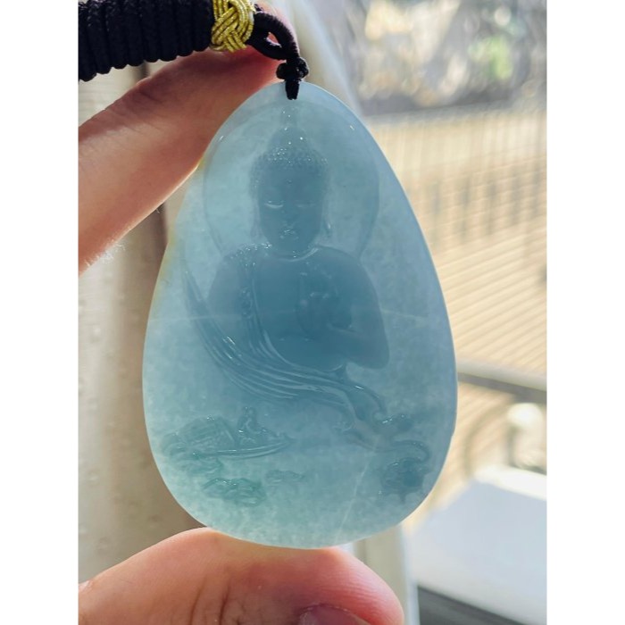 天然A貨翡翠 老坑且末藍意境雕釋迦摩尼佛普渡眾生翡翠佛牌 危料 純色藍綠色滿勻稱 法像莊嚴 磨砂精工-細節圖8