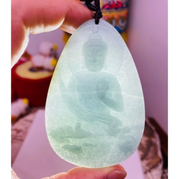 天然A貨翡翠 老坑且末藍意境雕釋迦摩尼佛普渡眾生翡翠佛牌 危料 純色藍綠色滿勻稱 法像莊嚴 磨砂精工-細節圖9