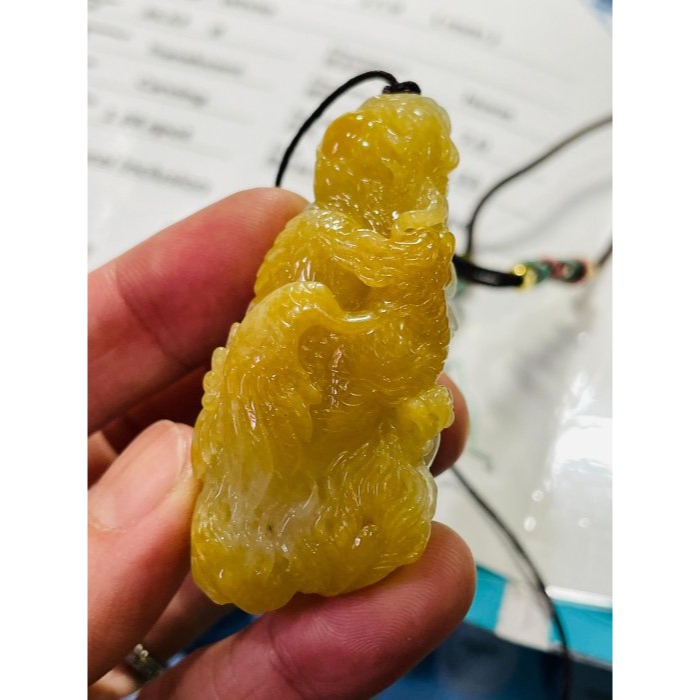 天然A貨緬甸玉 藏家件 老坑冰黃雙彩精工雕龍飛鳳舞翡翠龍鳳牌 起冰油黃巧鳳凰 白冰俏龍王 360度俏色巧雕 附台証-細節圖9