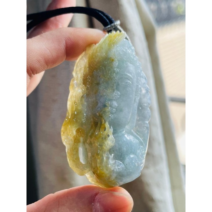 天然A貨緬甸玉 莫西沙 老坑冰黃雙彩俏色雕一念之間佛在心中翡翠佛牌 起冰金黃俏雕魔 冰藍綠巧雕佛-細節圖2