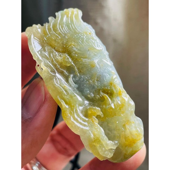 天然A貨緬甸玉 莫西沙 老坑冰黃雙彩俏色雕一念之間佛在心中翡翠佛牌 起冰金黃俏雕魔 冰藍綠巧雕佛-細節圖3