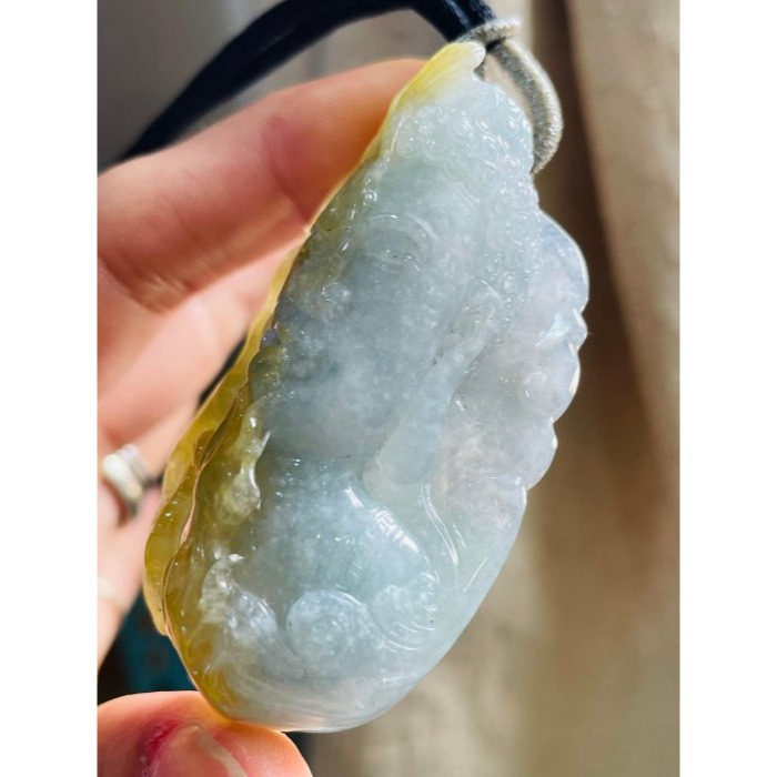 天然A貨緬甸玉 莫西沙 老坑冰黃雙彩俏色雕一念之間佛在心中翡翠佛牌 起冰金黃俏雕魔 冰藍綠巧雕佛-細節圖4