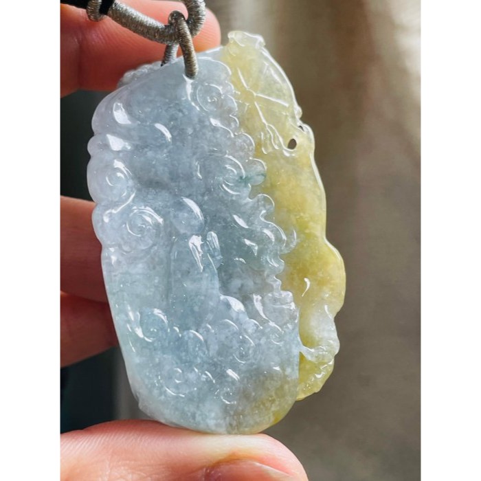 天然A貨緬甸玉 莫西沙 老坑冰黃雙彩俏色雕一念之間佛在心中翡翠佛牌 起冰金黃俏雕魔 冰藍綠巧雕佛-細節圖5