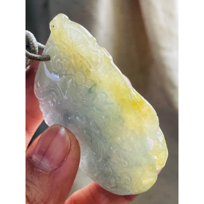 天然A貨緬甸玉 莫西沙 老坑冰黃雙彩俏色雕一念之間佛在心中翡翠佛牌 起冰金黃俏雕魔 冰藍綠巧雕佛-細節圖6