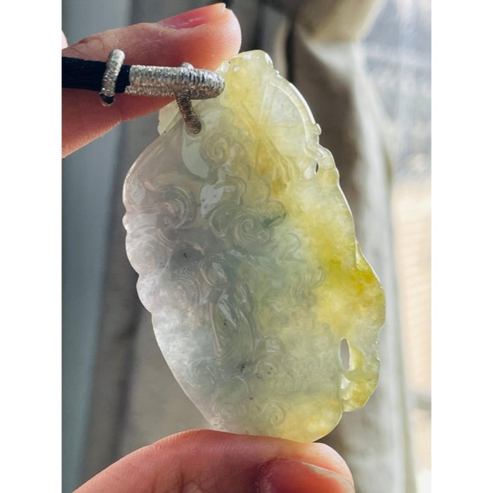 天然A貨緬甸玉 莫西沙 老坑冰黃雙彩俏色雕一念之間佛在心中翡翠佛牌 起冰金黃俏雕魔 冰藍綠巧雕佛-細節圖7