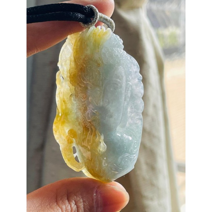 天然A貨緬甸玉 莫西沙 老坑冰黃雙彩俏色雕一念之間佛在心中翡翠佛牌 起冰金黃俏雕魔 冰藍綠巧雕佛-細節圖8