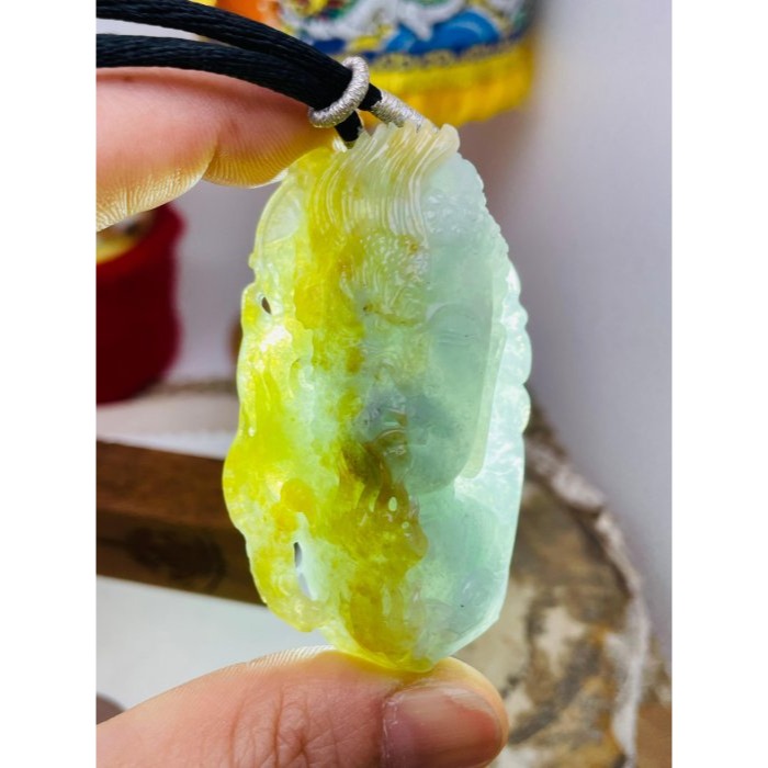 天然A貨緬甸玉 莫西沙 老坑冰黃雙彩俏色雕一念之間佛在心中翡翠佛牌 起冰金黃俏雕魔 冰藍綠巧雕佛-細節圖9