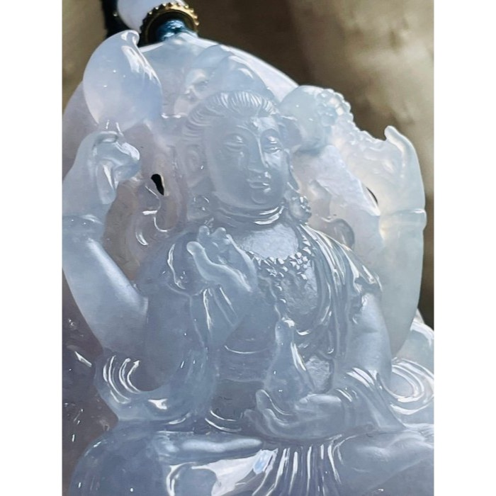 天然A貨緬甸玉 藏家件 冰種茄紫三彩大師工千手觀音翡翠佛牌 晶瑩冰膠滿紫俏黃綠 大師親工 法像細節絕頂 附台証-細節圖2