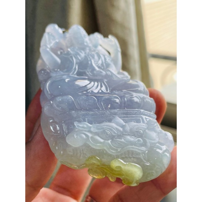 天然A貨緬甸玉 藏家件 冰種茄紫三彩大師工千手觀音翡翠佛牌 晶瑩冰膠滿紫俏黃綠 大師親工 法像細節絕頂 附台証-細節圖6