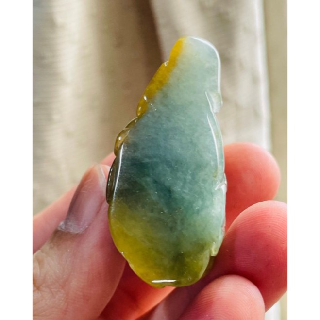 天然A貨翡翠 老坑黃加綠手工隨形雕鍾馗天師翡翠佛牌/小擺 冰黃霧包覆冰灰藍綠肉 色滿色分明 成色飽和-細節圖7