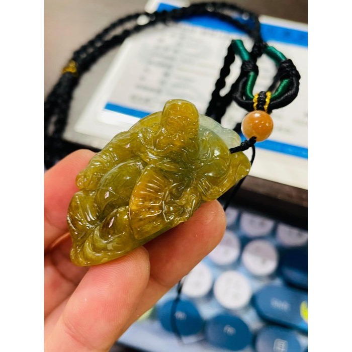 天然A貨翡翠 老坑黃加綠手工隨形雕鍾馗天師翡翠佛牌/小擺 冰黃霧包覆冰灰藍綠肉 色滿色分明 成色飽和-細節圖9