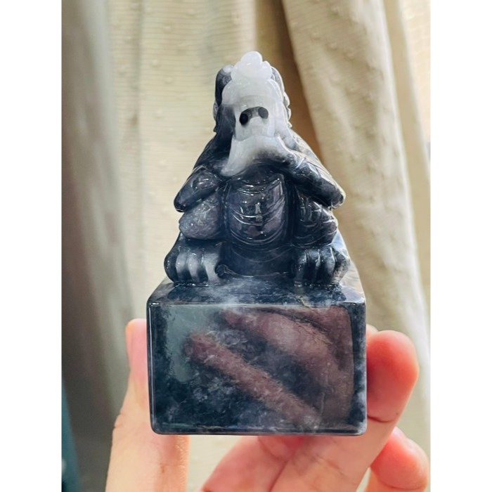 天然A貨緬甸玉 老坑烏雞手工雕滿載而歸昂首龍龜翡翠印章/公司章/擺件 4.4公分超大方印-細節圖4