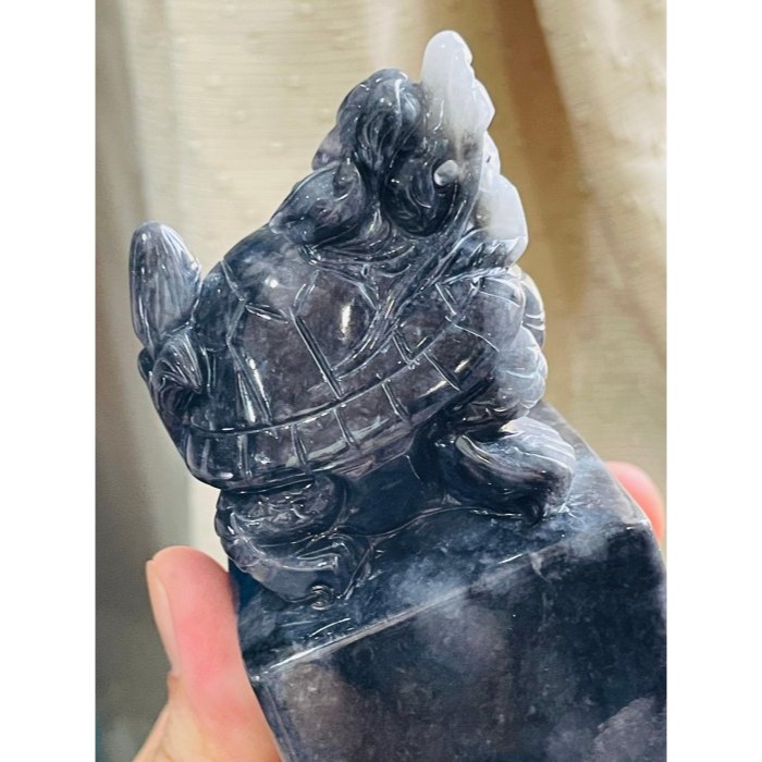 天然A貨緬甸玉 老坑烏雞手工雕滿載而歸昂首龍龜翡翠印章/公司章/擺件 4.4公分超大方印-細節圖6