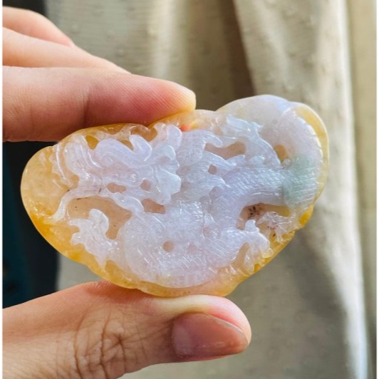 天然A貨緬甸玉 老坑油黃三彩雙面俏雕琴瑟和鳴翡翠龍鳳牌 成色飽和油亮冰黃巧鳳凰 冰紫俏綠巧神龍-細節圖2