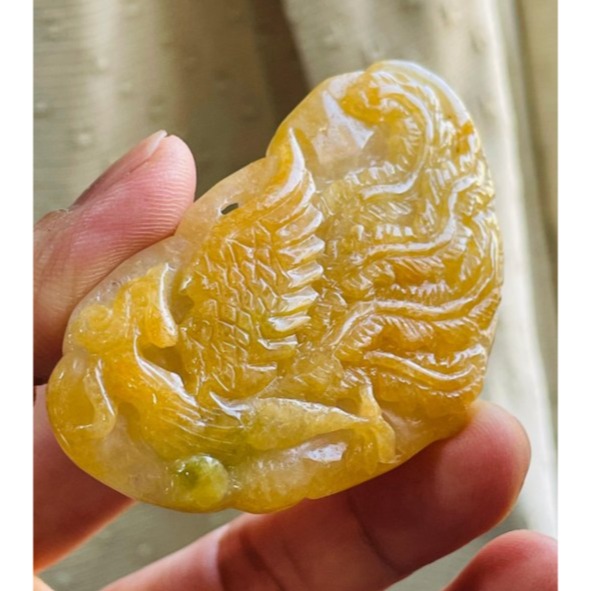 天然A貨緬甸玉 老坑油黃三彩雙面俏雕琴瑟和鳴翡翠龍鳳牌 成色飽和油亮冰黃巧鳳凰 冰紫俏綠巧神龍-細節圖3