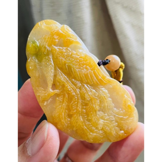 天然A貨緬甸玉 老坑油黃三彩雙面俏雕琴瑟和鳴翡翠龍鳳牌 成色飽和油亮冰黃巧鳳凰 冰紫俏綠巧神龍-細節圖4