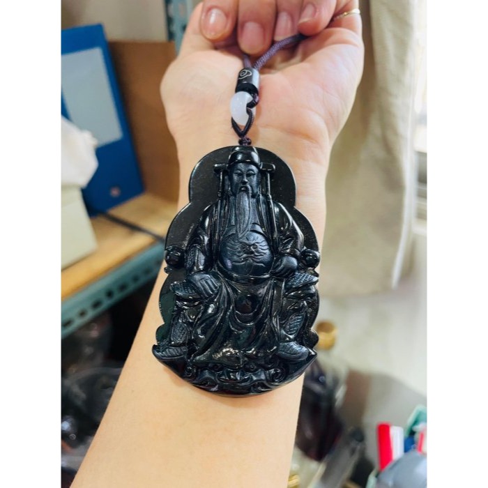 天然A貨緬甸玉 烏雞純色精工五府千歲池府王爺翡翠玉牌 鋼琴鏡面光純黑 法象精開雙拋工大牌形-細節圖2