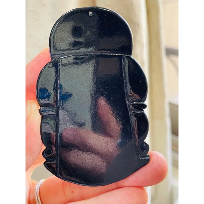 天然A貨緬甸玉 烏雞純色精工五府千歲池府王爺翡翠玉牌 鋼琴鏡面光純黑 法象精開雙拋工大牌形-細節圖8