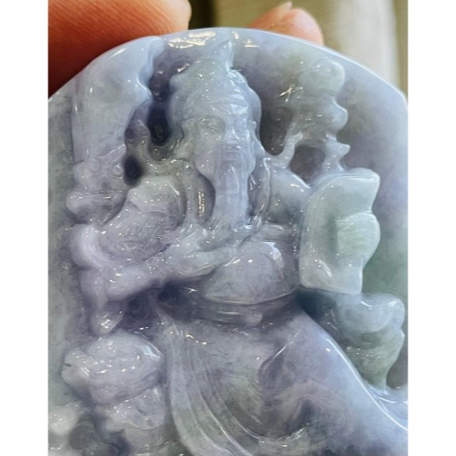 天然A貨緬甸玉 豆紫俏綠文武關公翡翠玉牌 撫鬚持春秋 紫濃郁過底 色不失 一刀切方正牌形-細節圖2