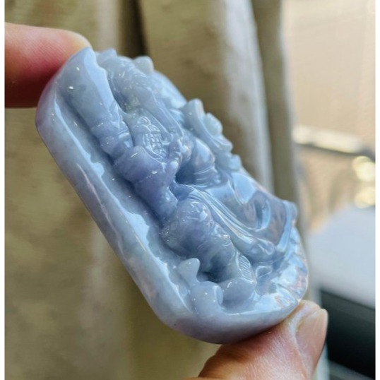 天然A貨緬甸玉 豆紫俏綠文武關公翡翠玉牌 撫鬚持春秋 紫濃郁過底 色不失 一刀切方正牌形-細節圖3