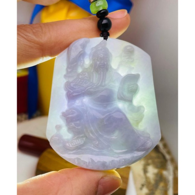 天然A貨緬甸玉 豆紫俏綠文武關公翡翠玉牌 撫鬚持春秋 紫濃郁過底 色不失 一刀切方正牌形-細節圖8