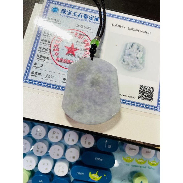 天然A貨緬甸玉 豆紫俏綠文武關公翡翠玉牌 撫鬚持春秋 紫濃郁過底 色不失 一刀切方正牌形-細節圖10