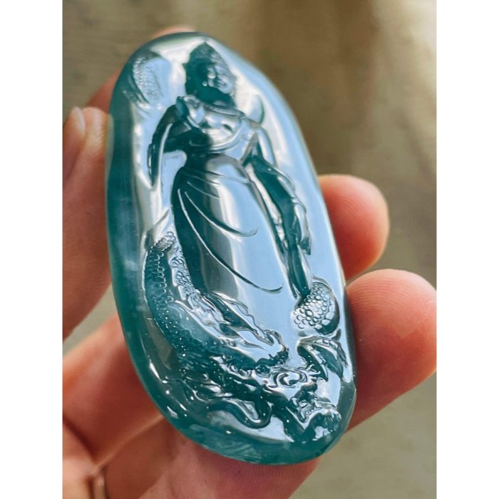 天然A貨翡翠 高冰危綠雙面精雕御龍淨瓶觀音翡翠佛牌 滿綠透字冰種瓜料 精開慈悲莊嚴法像-細節圖4