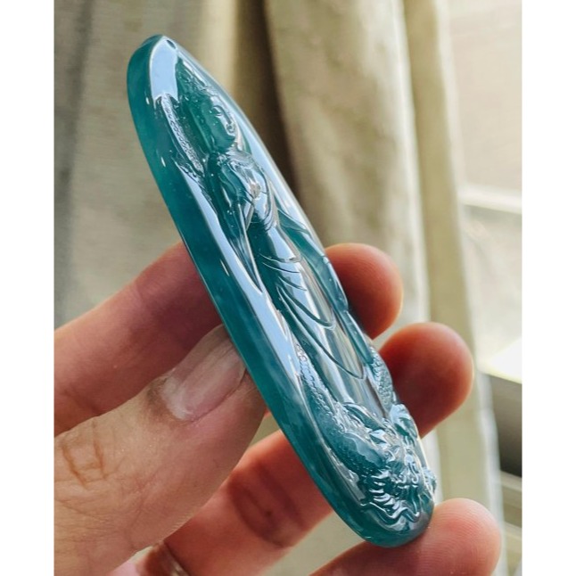 天然A貨翡翠 高冰危綠雙面精雕御龍淨瓶觀音翡翠佛牌 滿綠透字冰種瓜料 精開慈悲莊嚴法像-細節圖5