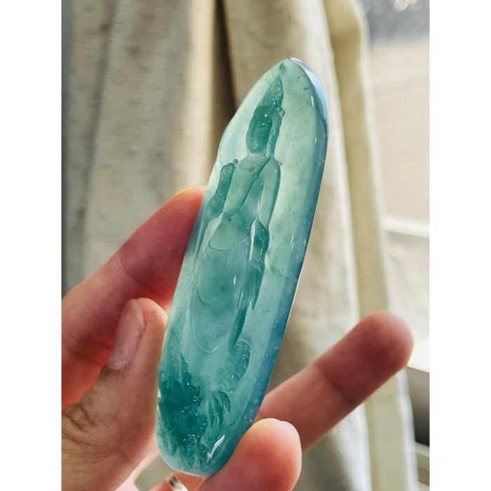天然A貨翡翠 高冰危綠雙面精雕御龍淨瓶觀音翡翠佛牌 滿綠透字冰種瓜料 精開慈悲莊嚴法像-細節圖6