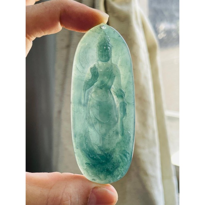 天然A貨翡翠 高冰危綠雙面精雕御龍淨瓶觀音翡翠佛牌 滿綠透字冰種瓜料 精開慈悲莊嚴法像-細節圖7