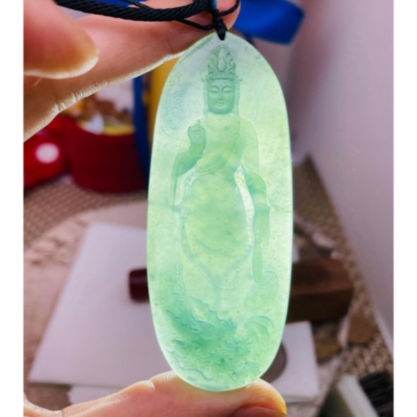 天然A貨翡翠 高冰危綠雙面精雕御龍淨瓶觀音翡翠佛牌 滿綠透字冰種瓜料 精開慈悲莊嚴法像-細節圖9