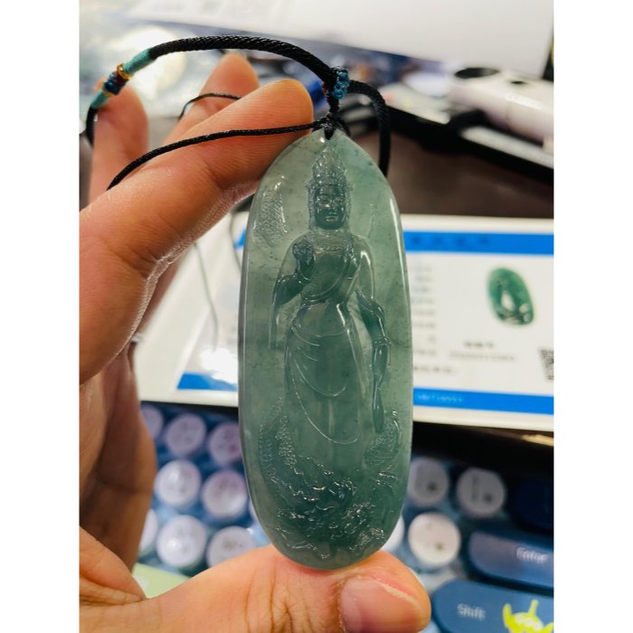 天然A貨翡翠 高冰危綠雙面精雕御龍淨瓶觀音翡翠佛牌 滿綠透字冰種瓜料 精開慈悲莊嚴法像-細節圖10