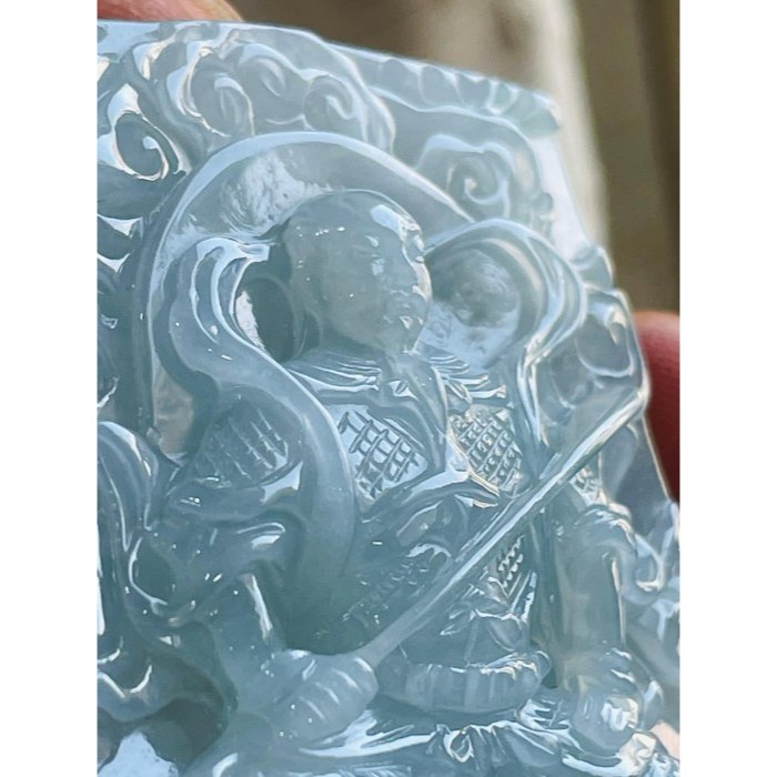 天然A貨緬甸玉 老坑冰膠藍綠精工雕玄天上帝翡翠玉牌 滿色起冰老坑冰綠料 厚庄方正透手影 獨家版法像精開滿版雕工-細節圖2