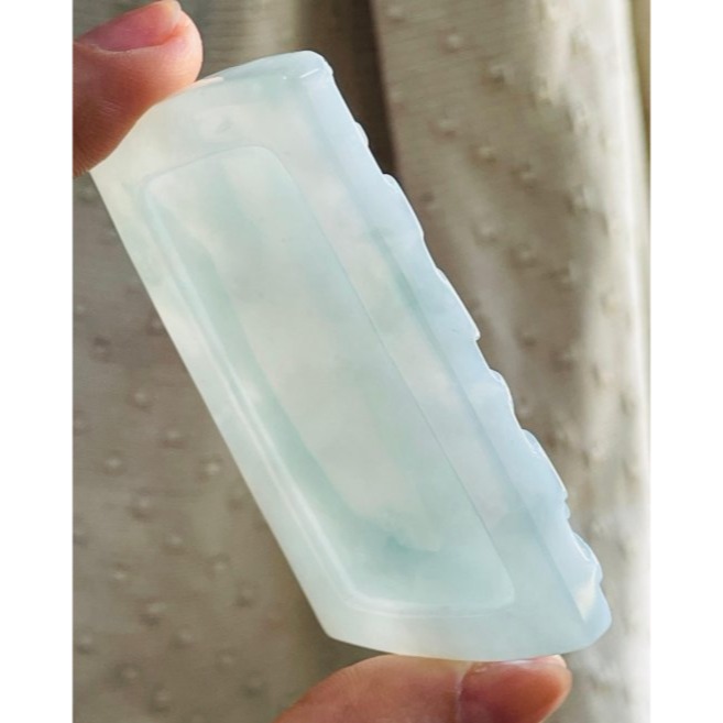 天然A貨緬甸玉 老坑冰膠藍綠精工雕玄天上帝翡翠玉牌 滿色起冰老坑冰綠料 厚庄方正透手影 獨家版法像精開滿版雕工-細節圖5