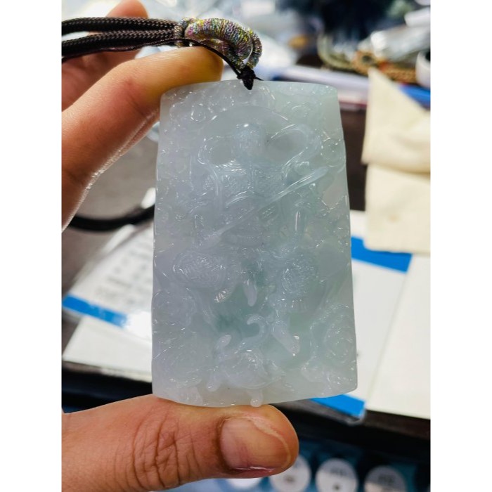 天然A貨緬甸玉 老坑冰膠藍綠精工雕玄天上帝翡翠玉牌 滿色起冰老坑冰綠料 厚庄方正透手影 獨家版法像精開滿版雕工-細節圖10