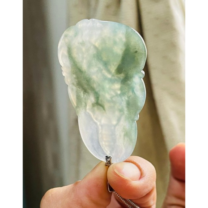 天然A貨緬甸玉 高冰牛仔藍飄花普賢菩薩翡翠佛牌 玻璃白冰為底 大抹藍花點綴 磨砂精緻法像 完美一刀切牌形-細節圖7